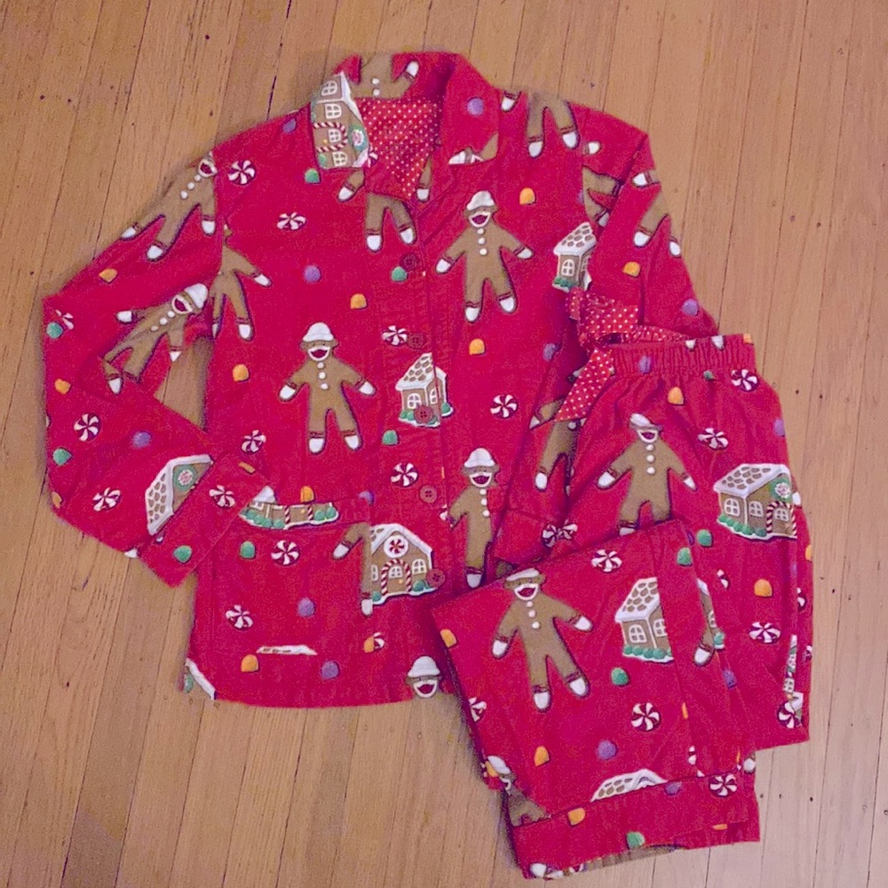 NICK&NORA FLANNEL PJ SET, sock monkey Christmas gingerbread house Size Small EUC